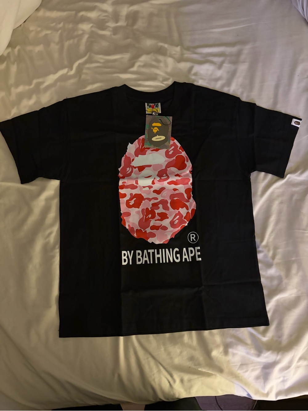 A Bathing Ape Black Tee with Pink Camo Ape Head